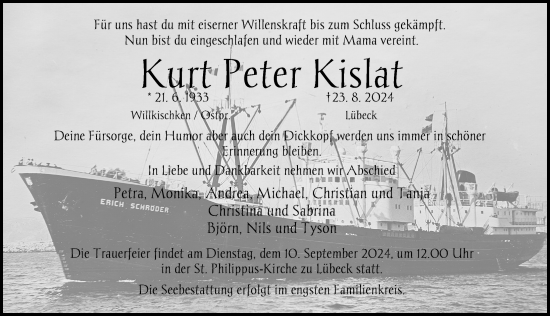 Traueranzeige von Kurt Peter Kislat von Lübecker Nachrichten