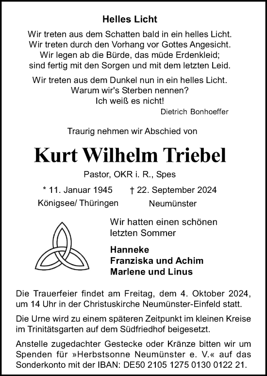 Traueranzeige von Kurt Wilhelm Triebel von Kieler Nachrichten