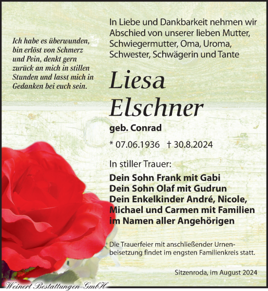 Traueranzeige von Liesa Elschner von Torgauer Zeitung