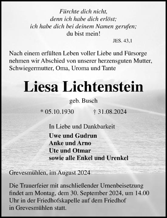 Traueranzeige von Liesa Lichtenstein von Ostsee-Zeitung GmbH