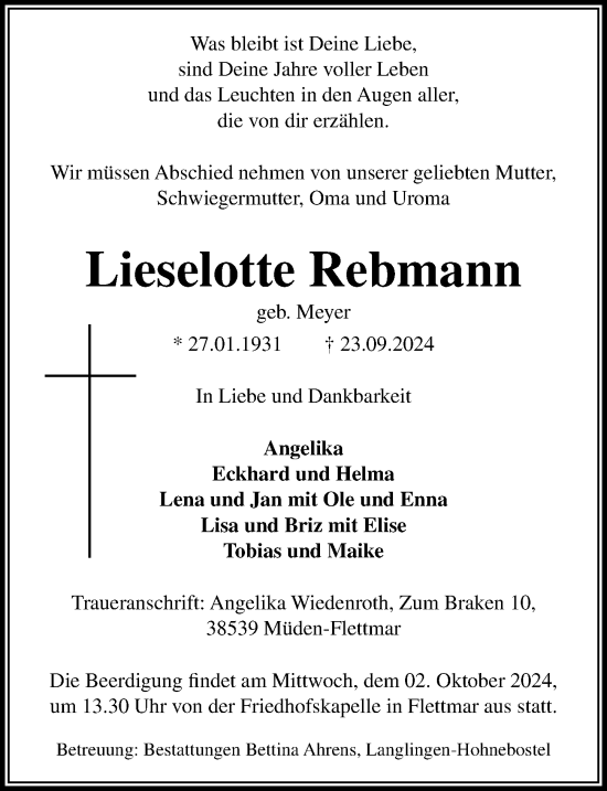 Traueranzeige von Lieselotte Rebmann von Aller Zeitung