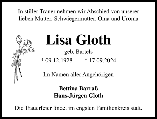 Traueranzeige von Lisa Gloth von Peiner Allgemeine Zeitung