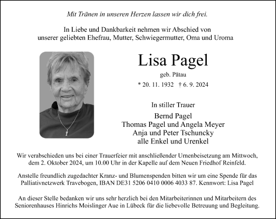 Traueranzeige von Lisa Pagel von Lübecker Nachrichten