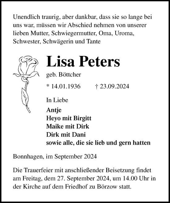 Traueranzeige von Lisa Peters von Ostsee-Zeitung GmbH