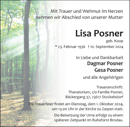 Traueranzeige von Lisa Posner von Lübecker Nachrichten