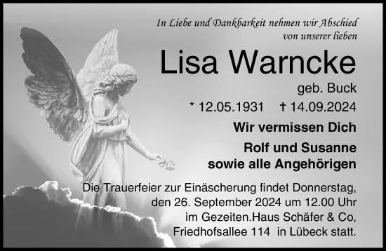 Traueranzeige von Lisa Warncke von Lübecker Nachrichten