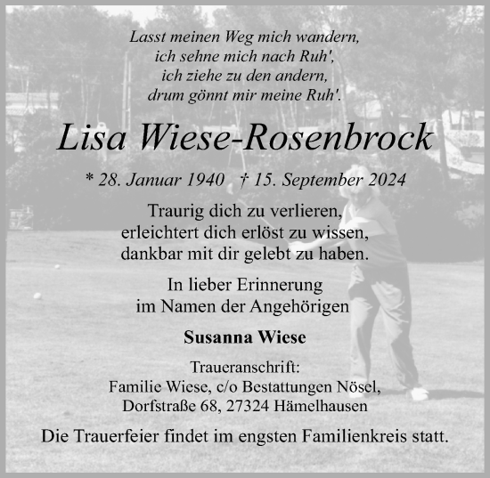 Traueranzeige von Lisa Wiese-Rosenbrock von Hannoversche Allgemeine Zeitung/Neue Presse