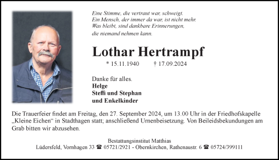 Traueranzeige von Lothar Hertrampf von Schaumburger Nachrichten