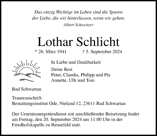 Traueranzeige von Lothar Schlicht von Lübecker Nachrichten