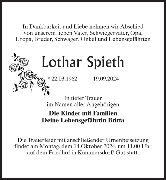 Traueranzeige von Lothar Spieth von Märkischen Allgemeine Zeitung