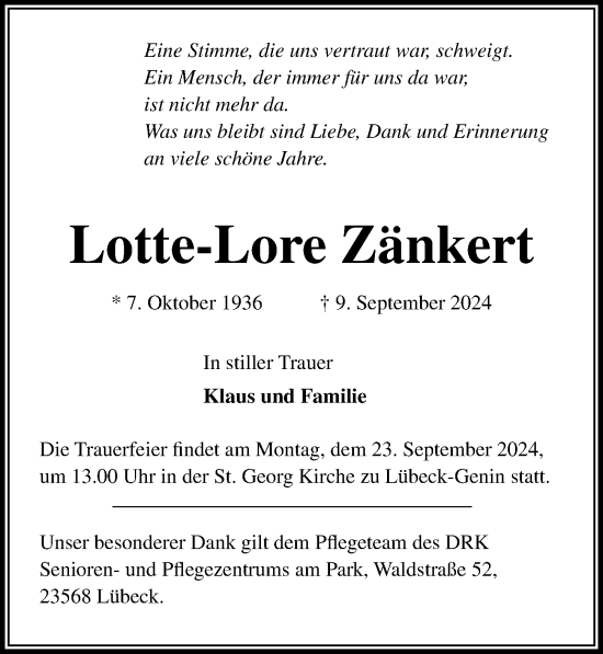 Traueranzeige von Lotte-Lore Zänkert von Lübecker Nachrichten