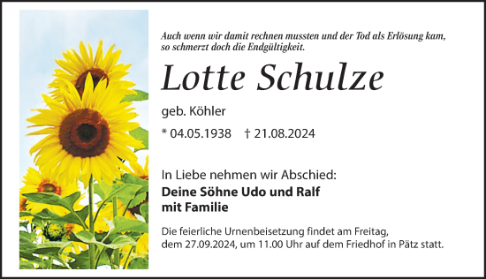 Traueranzeige von Lotte Schulze von Märkischen Allgemeine Zeitung