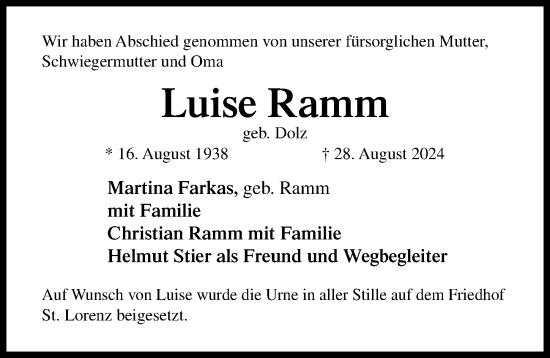 Traueranzeige von Luise Ramm von Lübecker Nachrichten