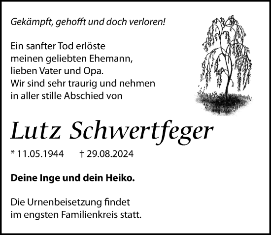 Traueranzeige von Lutz Schwertfeger von Märkischen Allgemeine Zeitung