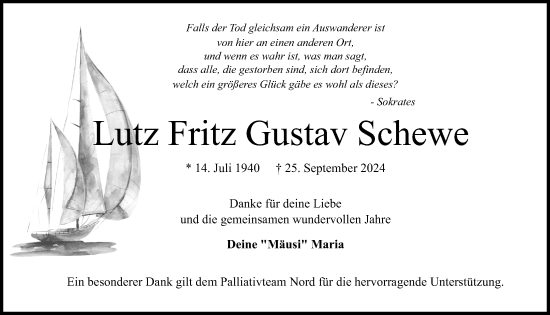 Traueranzeige von Lutz Fritz Gustav Schewe von Kieler Nachrichten