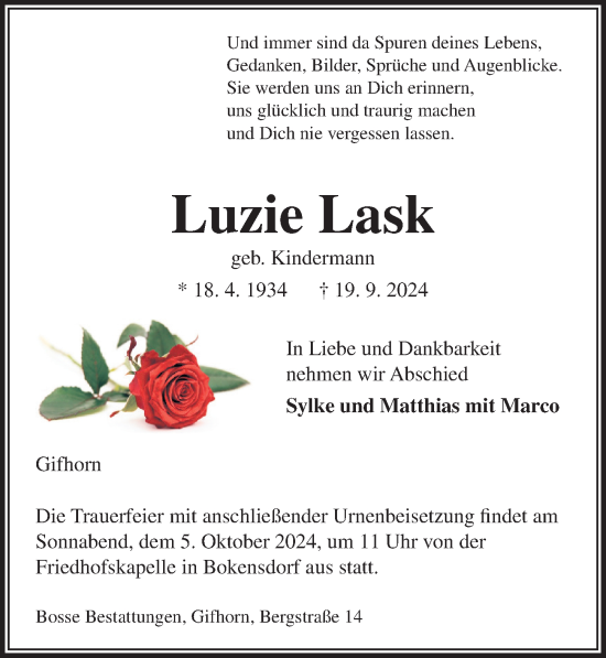 Traueranzeige von Luzie Lask von Aller Zeitung