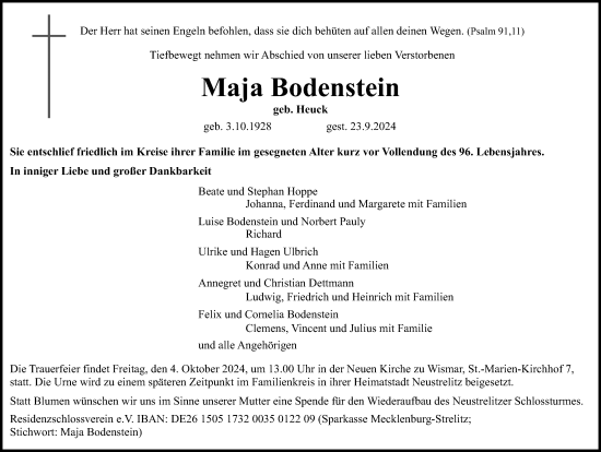 Traueranzeige von Maja Bodenstein von Ostsee-Zeitung GmbH