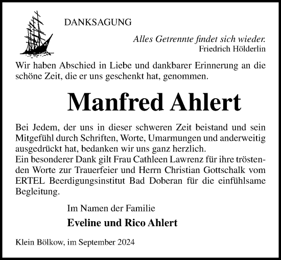 Traueranzeige von Manfred Ahlert von Ostsee-Zeitung GmbH