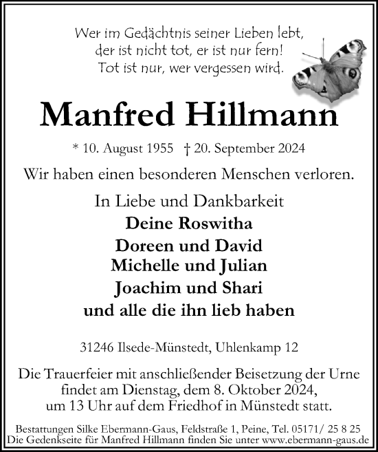 Traueranzeige von Manfred Hillmann von Peiner Allgemeine Zeitung