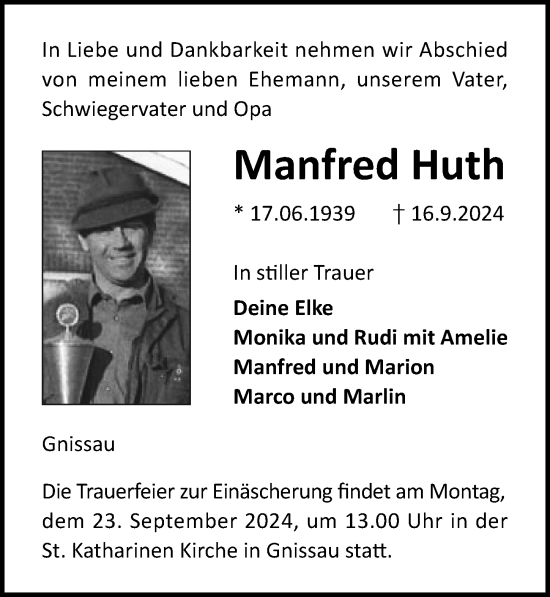 Traueranzeige von Manfred Huth von Lübecker Nachrichten