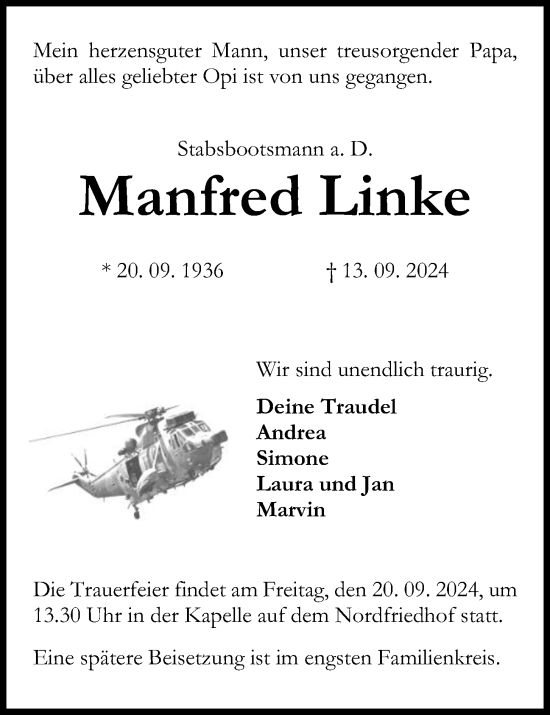 Traueranzeige von Manfred Linke von Kieler Nachrichten