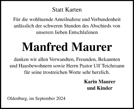 Traueranzeige von Manfred Maurer von Lübecker Nachrichten