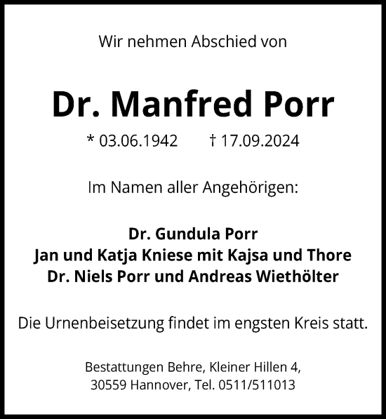 Traueranzeige von Manfred Porr von Hannoversche Allgemeine Zeitung/Neue Presse