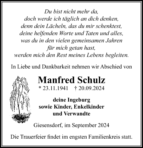 Traueranzeige von Manfred Schulz von Wochenspiegel