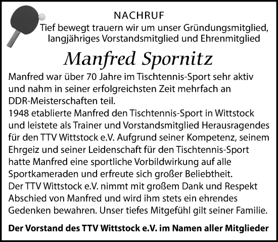 Traueranzeige von Manfred Spornitz von Wochenspiegel