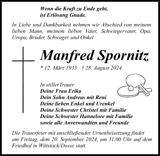 Traueranzeige von Manfred Spornitz von Wochenspiegel