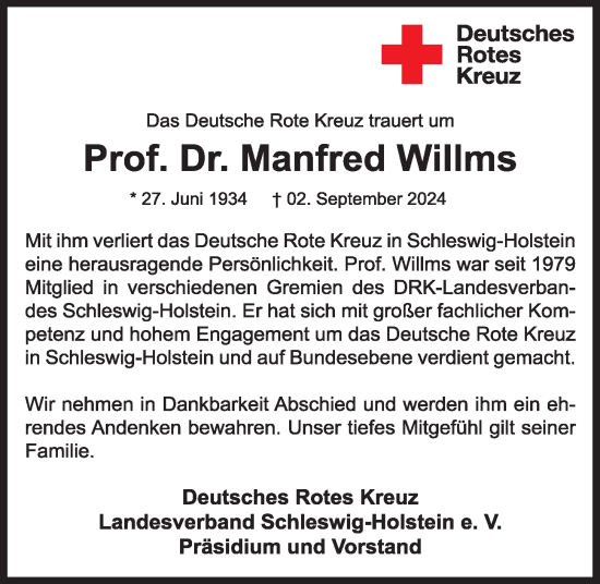 Traueranzeige von Manfred Willms von Kieler Nachrichten