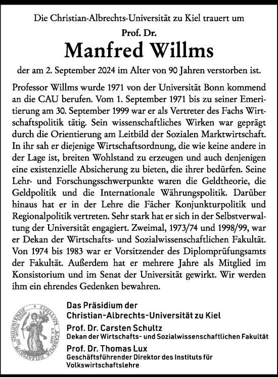 Traueranzeige von Manfred Willms von Kieler Nachrichten