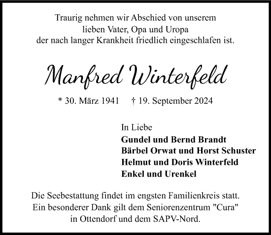 Traueranzeige von Manfred Winterfeld von Kieler Nachrichten