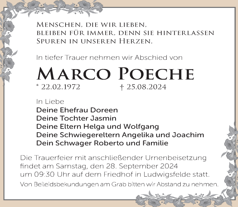  Traueranzeige für Marco Poeche vom 07.09.2024 aus Märkischen Allgemeine Zeitung