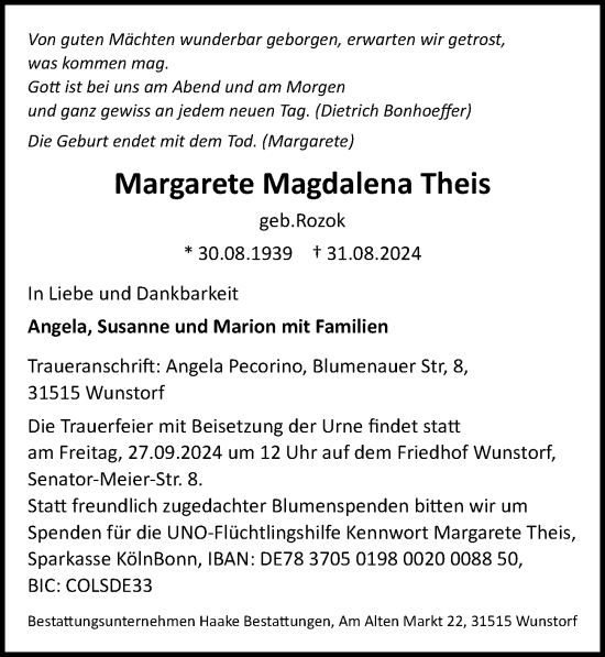 Traueranzeige von Margarete Magdalena Theis von Hannoversche Allgemeine Zeitung/Neue Presse