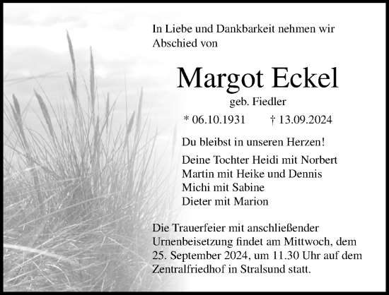 Traueranzeige von Margot Eckel von Ostsee-Zeitung GmbH