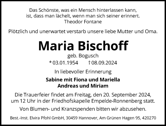 Traueranzeige von Maria Bischoff von Hannoversche Allgemeine Zeitung/Neue Presse