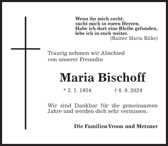 Traueranzeige von Maria Bischoff von Hannoversche Allgemeine Zeitung/Neue Presse