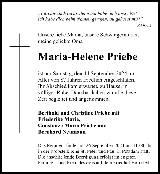 Traueranzeige von Maria-Helene Priebe von Märkischen Allgemeine Zeitung