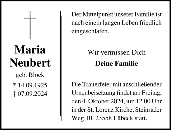 Traueranzeige von Maria Neubert von Lübecker Nachrichten