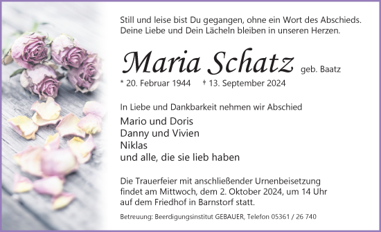 Traueranzeige von Maria Schatz von Aller Zeitung