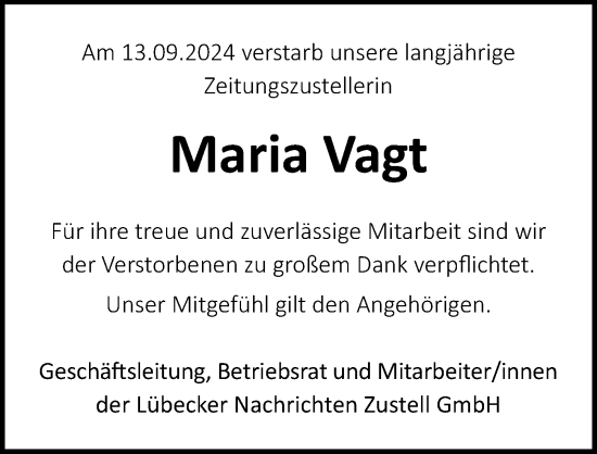 Traueranzeige von Maria Vagt von Lübecker Nachrichten