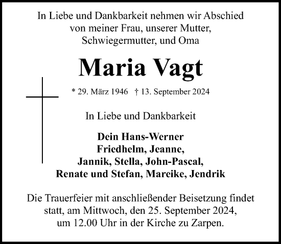 Traueranzeige von Maria Vagt von Lübecker Nachrichten