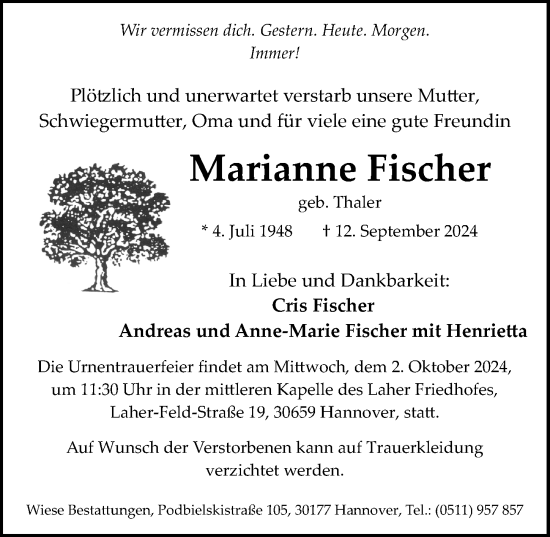 Traueranzeige von Marianne Fischer von Hannoversche Allgemeine Zeitung/Neue Presse