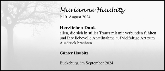 Traueranzeige von Marianne Haubitz von Schaumburger Nachrichten