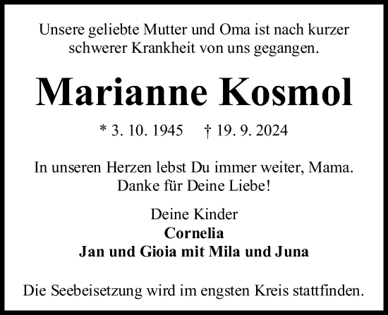 Traueranzeige von Marianne Kosmol von Kieler Nachrichten