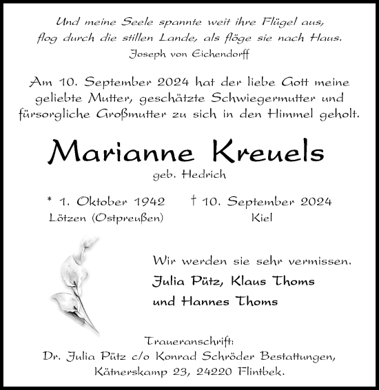 Traueranzeige von Marianne Kreuels von Kieler Nachrichten