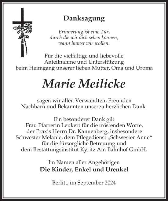 Traueranzeige von Marie Meilicke von Wochenspiegel