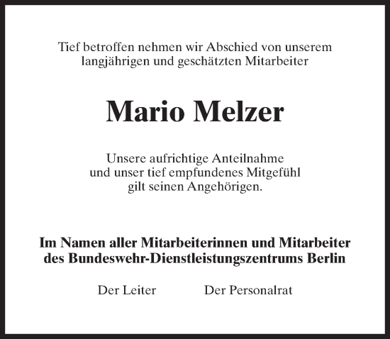 Traueranzeige von Mario Melzer von Märkischen Allgemeine Zeitung