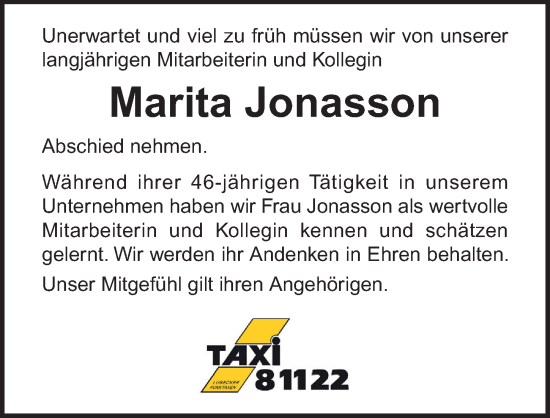 Traueranzeige von Marita Jonasson von Lübecker Nachrichten